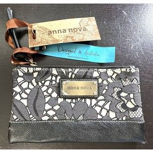 Anna Nova Black White Lace & Leather Zip Pouch Cosmetic Bag Wristlet Australia